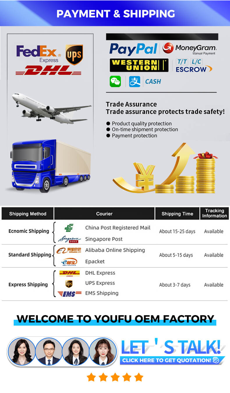 PAYMENT & SHIPPING FedEx® Express Ups PayPal WESTERN UNION CASH MoneyGram. Manual Payment T/T L/C ESCROW Trade Assurance Trade assurance protects trade safety! • Product quality protection • On-time shipment protection • Payment protection Shipping Method Courier Shipping Time Tracking Information Ecnomic Shipping China Post Registered Mail About 15-25 days Available Sing osca Singapore Post Standard Shipping Alibaba Online Shipping About 5-15 days Available  Epacket Express Shipping DHL Express UPS Express  EMS Shipping Available About 3-7 days WELCOME TO YOUFU OEM FACTORY LET'S TALK! CLICK HERE TO GET QUOTATION! 